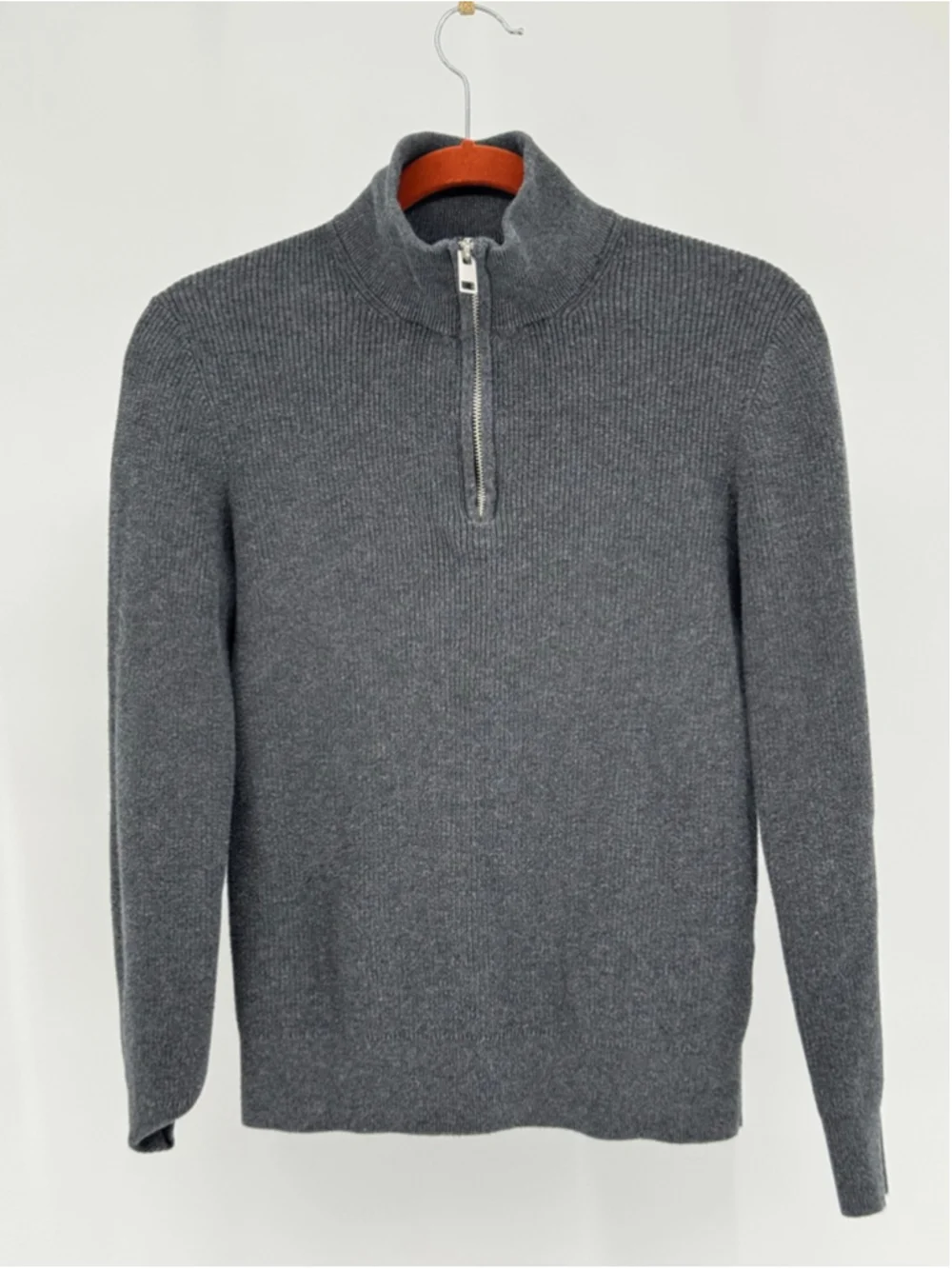 H&M Men's Gray Ribbed Slim Fit Quarter-Zip Sweater XS